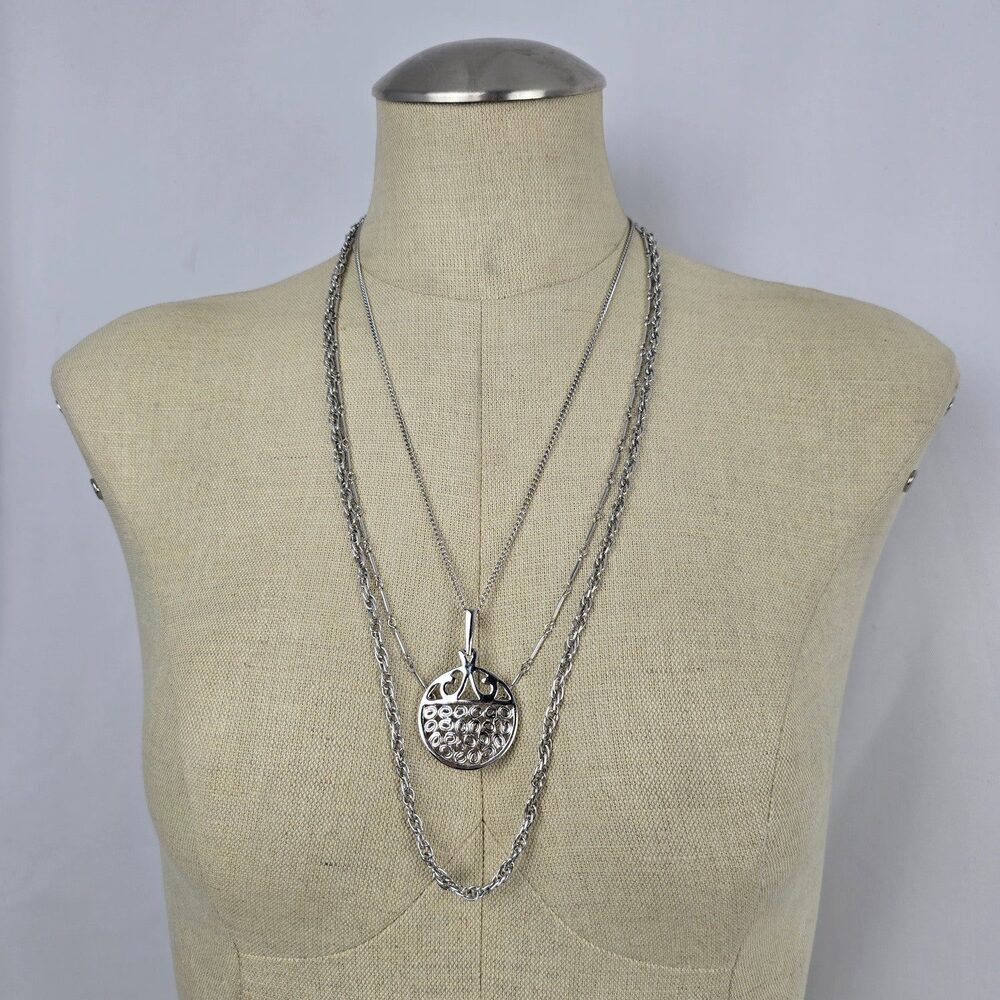 Vintage Silver Tone Layered Chain Pendant Necklace